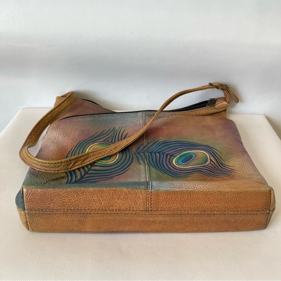 Anuschka V Top Hand Painted Peacock Leather Hobo Shoulder Bag - Picture 6 of 16